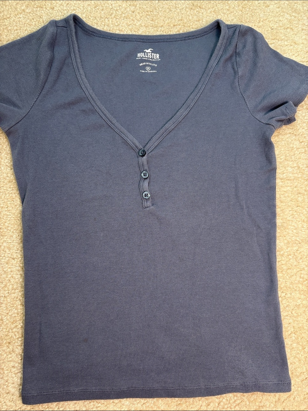 Hollister Women's Navy Short-Sleeve V-Neck Henley